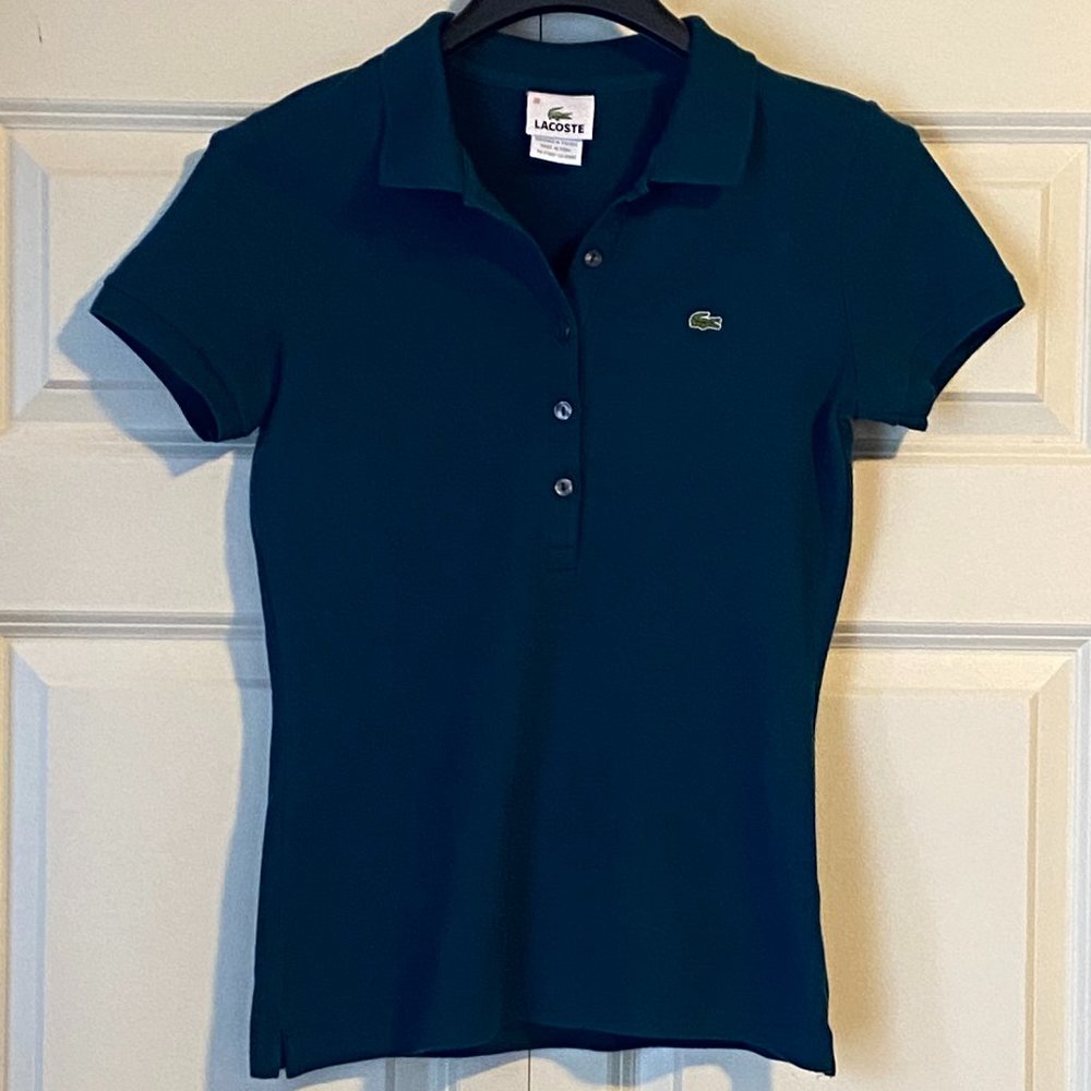 LACOSTE Women's Polo Shirt Top Slim Fit Polo Short Sleeves Green Teal size  38